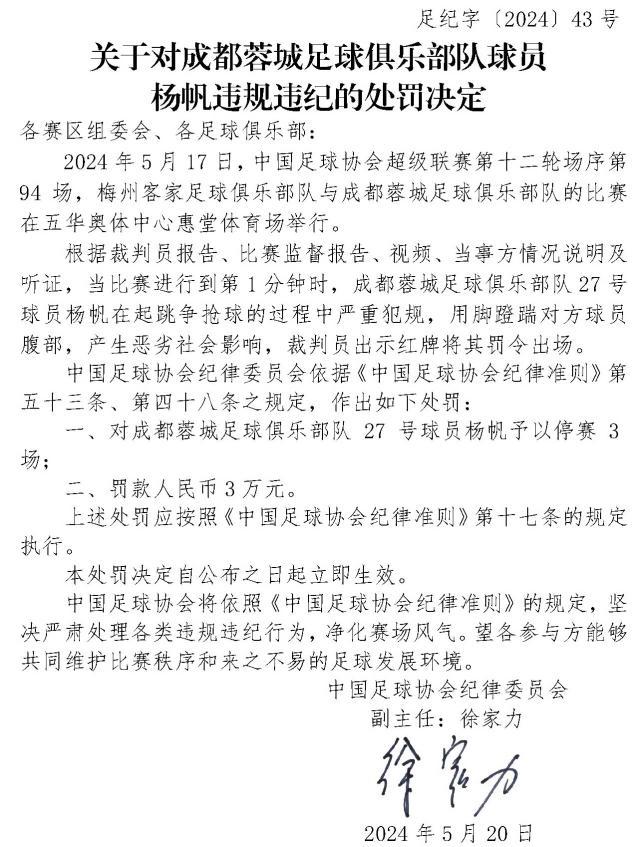 开云官网首页-足协罚单：杨帆蹬踹对方球员腹部 停赛3场罚款3万